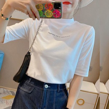 中袖T恤打底衫女2025春秋季歐貨寬松白色半高領內搭長袖小衫上衣