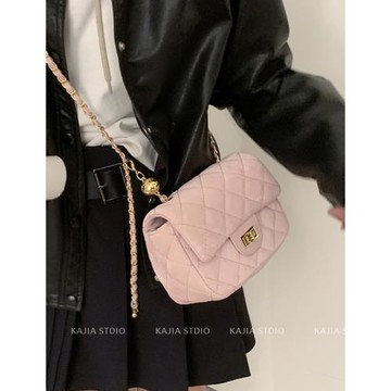粉色小方包包女2023新款潮時尚菱格鏈條包百搭小香風單肩斜挎包