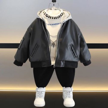 男童假兩件皮衣秋冬2025新款小男孩冬季加厚小童痞帥兒童夾棉外套