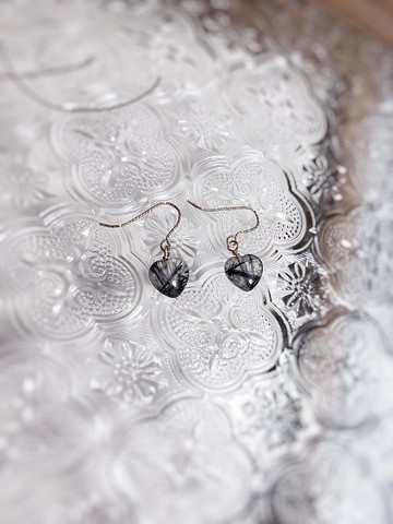 透體黑髮晶 愛心14kgf耳勾