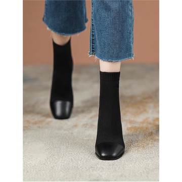 嬌文希瘦瘦襪靴2025新款短靴女春秋單靴方頭粗跟英倫風彈力馬丁靴