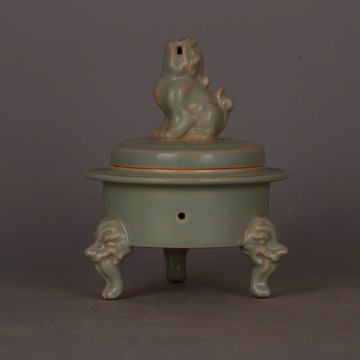 宋 汝窯青釉獅子蓋罐 仿出土舊貨瓷器支釘燒三足舊貨收藏擺件