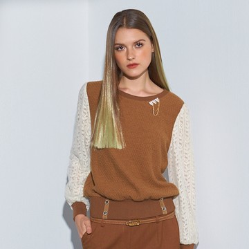 CLL巧玲瓏 微透緹花拼接針織上衣 3623902