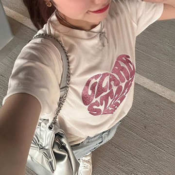 日本 GRL - 閃耀亮片愛心印花短袖T恤-白x粉紅 (F)