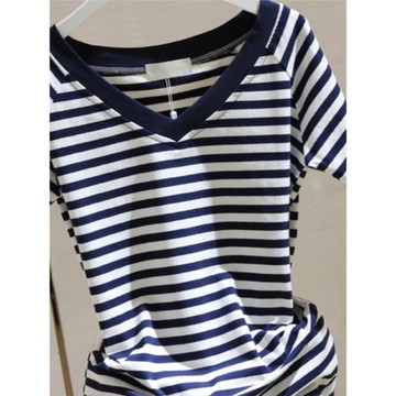 CULV橫條紋短袖T恤女2025夏季新款韓版棉質修身顯瘦插肩袖V領上衣