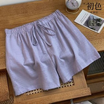 初色 韓系簡約純色鬆緊腰百搭闊腿褲休閒褲寬褲短褲-紫色-51869(M-2XL可選)