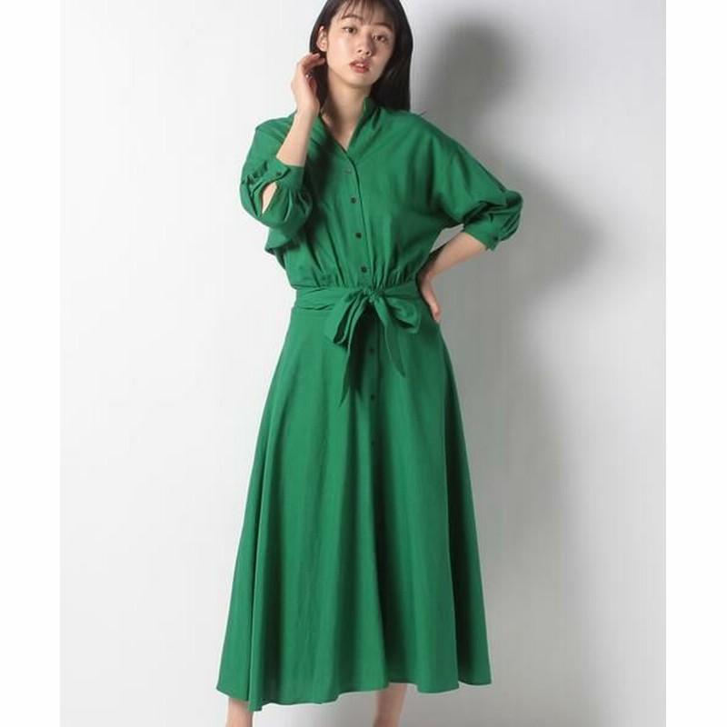 Anayi アナイ レーヨンリネンスタンドカラーワンピース ベルト付き グリーン 34 通販 Lineポイント最大1 0 Get Lineショッピング