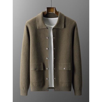 24秋冬新款100%純羊毛男士POLO翻領加厚針織毛衣外套羊絨打底開衫