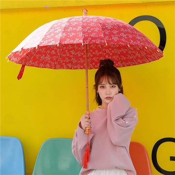 沛欣棉布碎花傘女中國風古風復古荷木質直桿傘長柄傘防水24骨雨傘