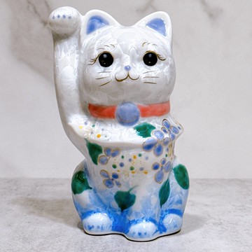 【青韻福喵】日本清水燒招財貓 | 花結晶 青白 体花