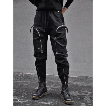 暗黑風拉鏈束腳長褲機能工裝褲男寬松高街大口袋休閑褲機車炮彈褲