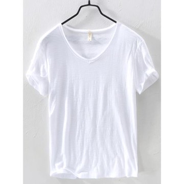 夏季薄款竹節棉短袖t恤男寬松休閑純色V領打底衫純棉體恤半袖上衣