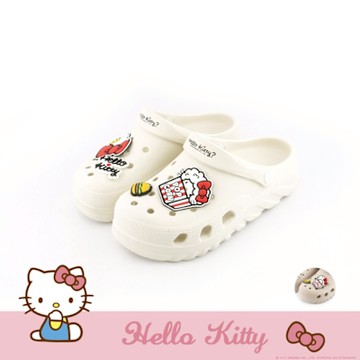 HELLO KITTY艾樂跑女鞋-超可愛鞋扣厚底輕量涼拖鞋-白/卡其(924008)