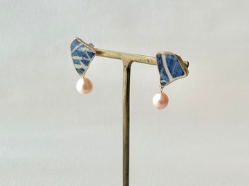 京燒 金繼 醫療級不鏽鋼耳針式 藍色 淡水珍珠 天然石 傳統工藝 No.202