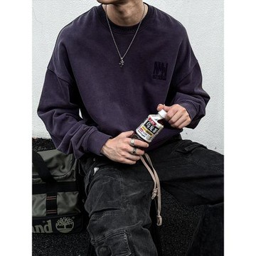 MANCHER 460G重磅洗褪蠟染刺繡圓領衛衣男寬松水洗做舊純棉上衣潮