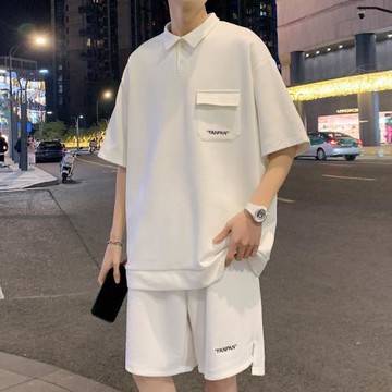 短袖polo衫男夏季翻領t恤休閑運動套裝青少年男裝搭配帥氣一套潮