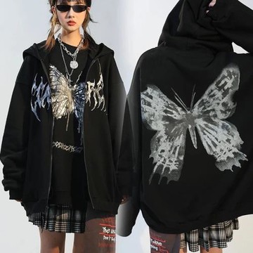 歐美風秋冬新款連帽蝴蝶印花加絨開衫寬松黑色長袖衛衣外套hoodie