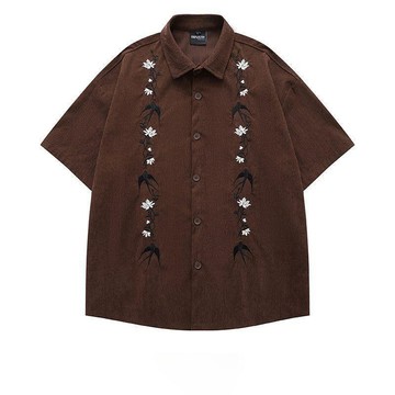 『ATC』 短袖 美式複古重工刺繡燈芯絨短袖襯衫男女情侶款夏季寬鬆休閒百搭襯衣流行上衣