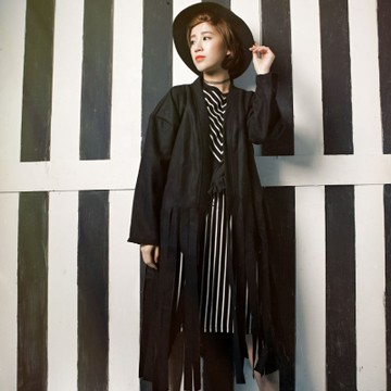 古著 黑色毛料絨流蘇披風長外套