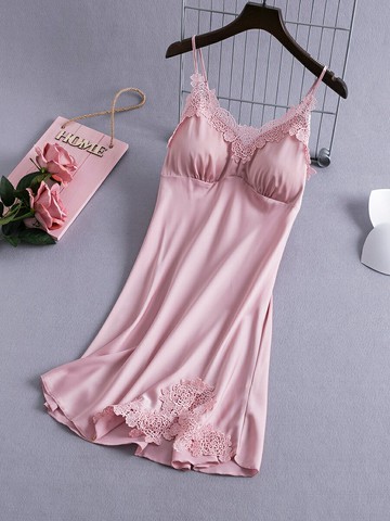 蕾絲吊帶睡裙女夏冰絲性感帶胸墊薄款2024年新款女士韓版誘惑睡衣鑫弘-素時衣櫥
