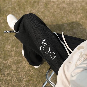 華夫格運動褲男春秋小熊印花直筒褲美式休閑長褲寬松闊腿褲衛褲潮