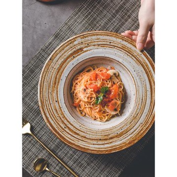 日式帽子盤子 意大利面餐盤可帶湯 復古螺紋 創意粗陶餐具菜盤