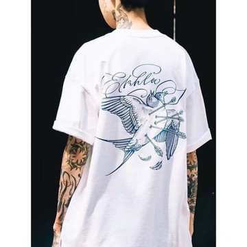 雙頭燕EKHLAS紋身師SEN木刻版畫雙頭燕子插畫街頭時尚情侶短袖T恤