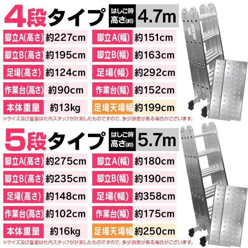 多機能 はしご アルミ 伸縮 脚立 作業台 梯子 足場 伸縮 5段 5.7m