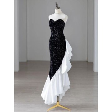 法式抹胸黑色晚禮服輕奢亮片高端顯瘦名媛主持人年會魚尾連衣裙