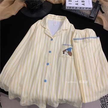 刺繡小狗德絨磨毛睡衣女秋冬新款加厚保暖長袖寬松條紋套裝家居服