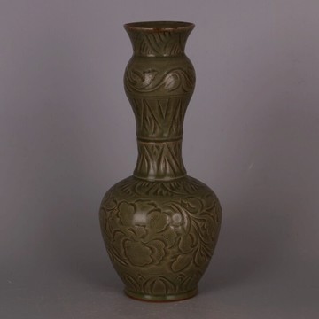 宋 耀州窯青釉刻花蒜頭瓶 仿宋代舊貨家居古玩古董瓷器裝飾收藏品