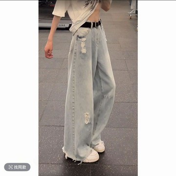 【精选牛仔裤】淺藍色毛邊破洞磨白牛仔褲男款痞帥美式夏季高級褲子彎刀闊腿褲