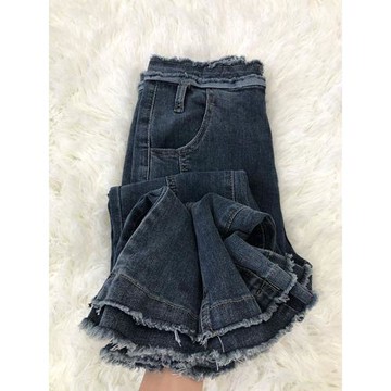 特大碼女裝復古毛邊微喇牛仔褲女春秋褲子胖mm梨形身材顯瘦喇叭褲