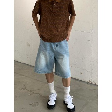 cleanfit牛仔短褲冰藍水洗磨白美式復古五分褲夏季滑板過膝中褲潮