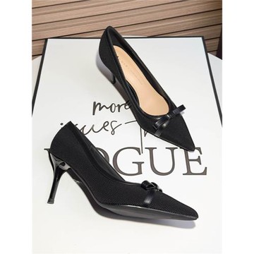 法式小眾氣質蝴蝶結黑色淺口職業高跟鞋女尖頭細跟2025年新款工作