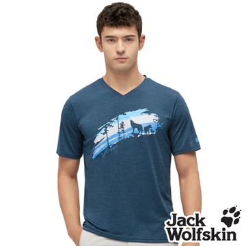 【Jack wolfskin 飛狼】男 V領印花短袖排汗衣 狼家族概念T恤『海軍藍』