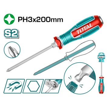 【美機油】TOTAL 工具 敲擊十字起子 PH3*200MM 六角柄型 強磁性 S2 TGTPH3200