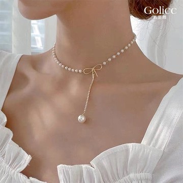 〔快速出貨〕【Golicc】項鍊  蝴蝶結 水滴珍珠 頸鍊