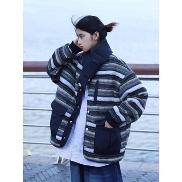 冬季日系復古兩面穿設計感條紋棉服女百搭圍脖無領加厚棉衣外套男