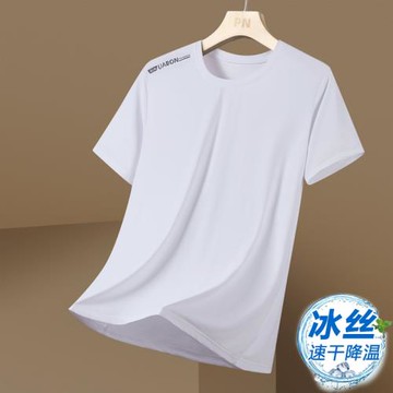 涼感透氣冰絲t恤男款夏天超薄款運動速干男士短袖高彈力寬松上衣