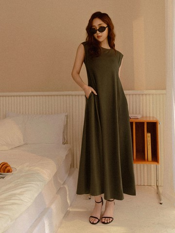 假兩件修身收腰口袋傘襬長洋裝