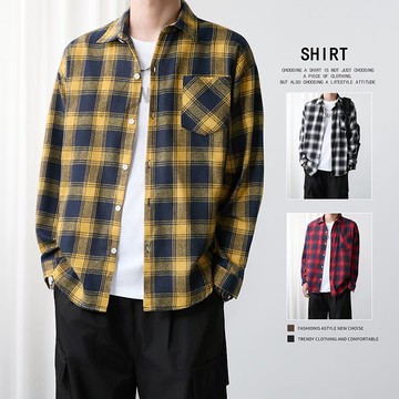 春秋新款男裝襯 日系復古格子長袖襯衫磨毛外套港風上衣