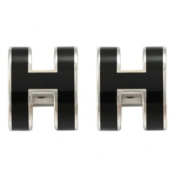 HERMES MINI POPH 經典H LOGO橢圓造型耳環.銀/黑