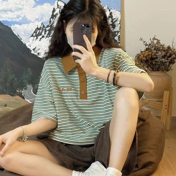 短袖套裝單件日韓復古條紋短袖POLO衫時尚百搭闊腿短褲兩件套