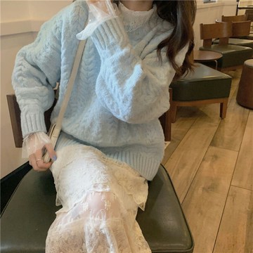 秋冬裝新款套裝女網紅洋氣減齡毛衣搭蕾絲長裙子兩件套裙氣質時尚