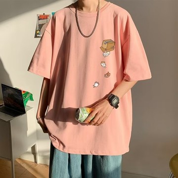 【M-5XL】短袖T恤港風小卡通印花寬鬆舒適T恤柔軟面料學院風短袖T恤oversized男士T恤/林