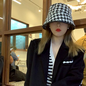 大檐包邊千鳥格漁夫帽女秋冬季潮百搭毛線針織水桶盆帽子女