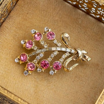 美國Coro品牌古董 粉萊茵石葉束造型 淡金色胸針