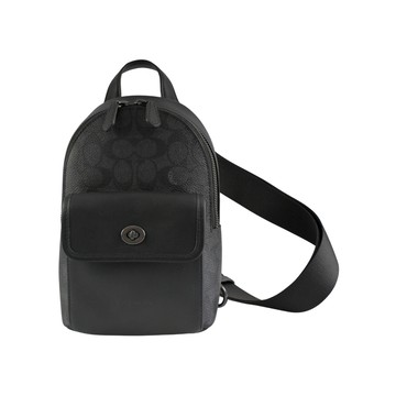 COACH黑灰LOGO PVC拼接黑色素面皮革前口袋單肩胸背斜後背男包(小款)