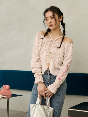 KITTY 野餐系列．雪紡碎花綁帶長袖上衣